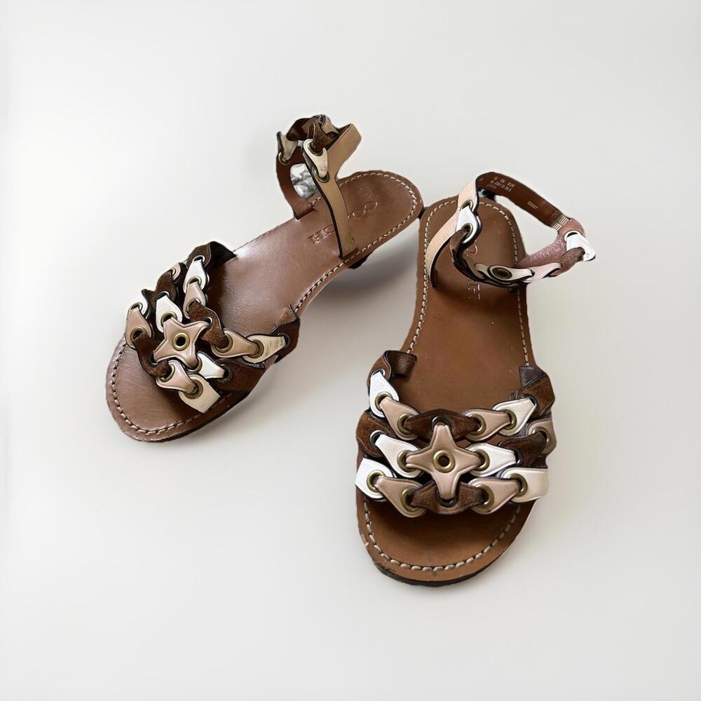 Coach Brown Leather Sandals with White & Tan Accents